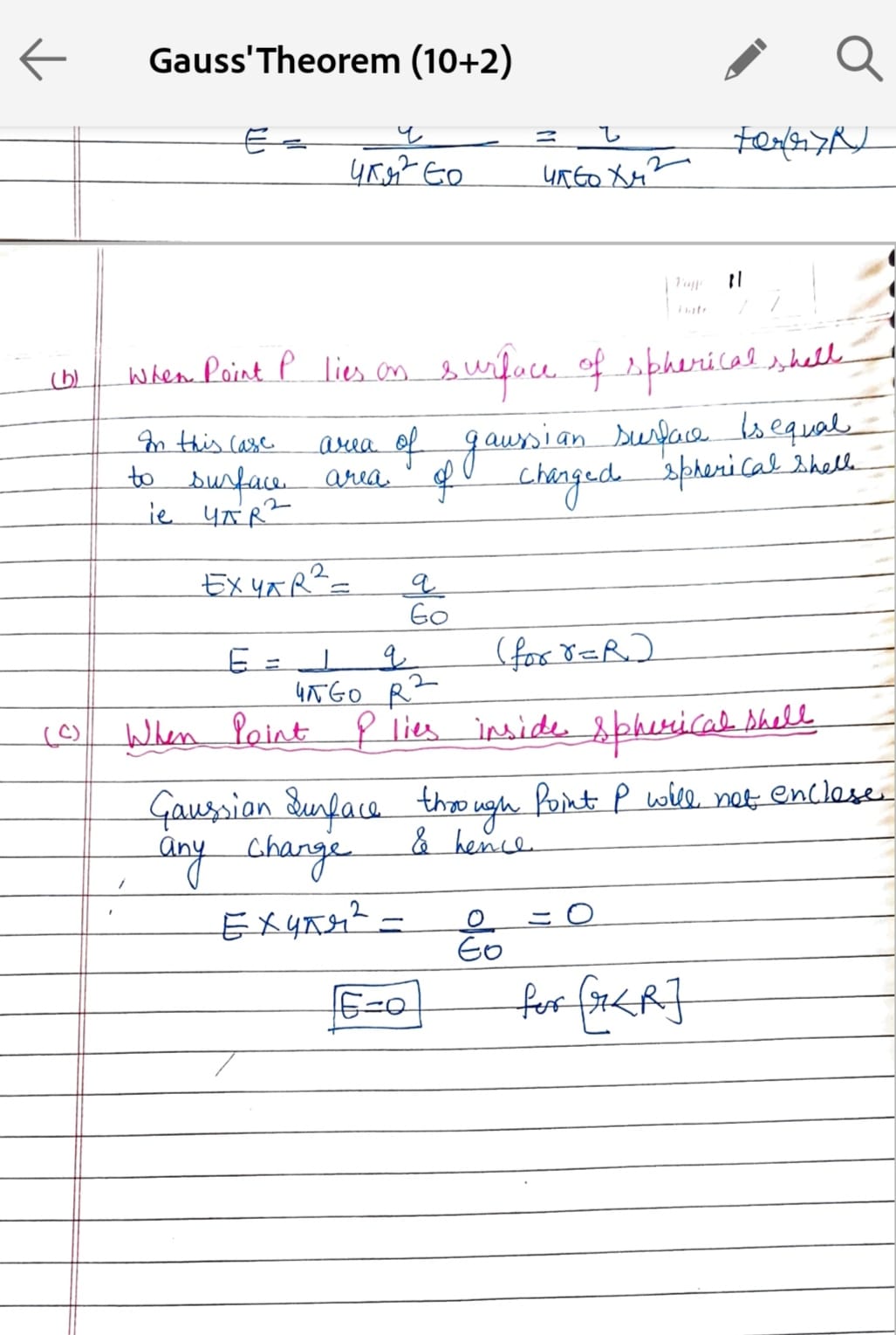 Gauss's law |Applications of Gauss Theorem Handwritten Notes Class 12 Physics